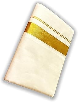 HARADHI Men's 2 Inch Kerala Kasavu Cotton Double Mundu (Gold)
