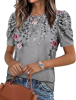 Blouse for Women Dressy Casual Puff Short Sleeve Boho Tops Fashion Floral Crew Neck Tunic Shirts Summer Clothes