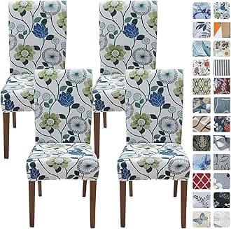 SPRINGRICO White Chair Covers for Dining Room Set of 4, Stretch Floral Dining Chair Cover, Washable Spandex Kitchen Parsons Chair Slipcovers, Seat Protector for Home or Party (4 Pack, FLORAL3)