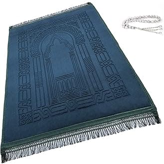 Prayer Rug Muslim Mat Islamic - Thick Large Padded Sajadah for Kids Men Women with Islam Prayer Beads for Eid Travel Ramadan, Soft Luxury Great for Knees and Forehead(Green)