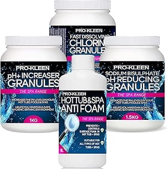 Hot Tub Starter Kit - Fast Dissolving Chlorine Granules 1kg, Hot Tub PH Reducer Sodium Bisulphate 1.5kg, pH+ Plus Increaser Granules 1kg & Hot Tub Anti-foam 1L -Hot Tub Maintenance Kit