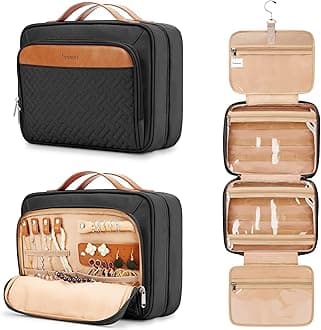 COOSKYTravel Hanging Toiletry Bag for Women, Holds Full-Size Shampoo, with Jewelry Organizer Compartment, Extra Large Makeup Bag, Waterproof Cosmetic Bag, Toiletries Kit Set, Black, Large