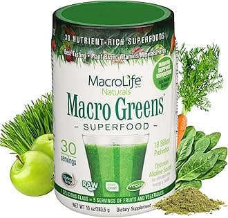 - MacroLife Naturals Macro Greens Superfood Powder – 38 Superfoods with Probiotics, Digestive Enzymes & Adaptogens | Non GMO, Vegan, Gluten Free | 18B CFU | 10 oz (30 Servings)
