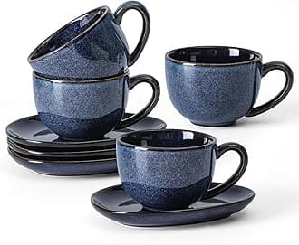 6.5 oz Cappuccino Cups with Saucers, Set of 4, Ceramic Coffee Cup for Au Lait, Double shot, Latte, Cafe Mocha, Tea (Starry Blue)