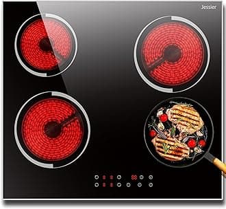 Electric Cooktop 24 Inch - 4 Burner Drop-in(22.05"x19.3") Electric Ceramic Cooktop, Electric Stove Top with Glass Protection Metal Frame, 9 Heating Level, 6000W, 220V Hard Wire(No Plug)