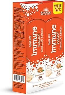 Sunshine Nutrition Immune Support Effervescent Tabs, 2 X 20 Tablets | With Vitamin C, Zinc & Selenium | Sugar Free | Orange Flavor