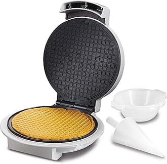 Waffle Cone and Ice Cream Bowl Maker with Browning Control, Shaper Roller and Cup Press, 7.5” PFAS-Free Nonstick Plates, White (26410MN)