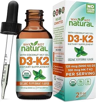 Organic Vitamin D3 K2 (MK-7) Liquid Drops, 5000 IU of sublingual D3 with Coconut MCT Oil, for Strong Bones and Teeth, Heart and Immune Support