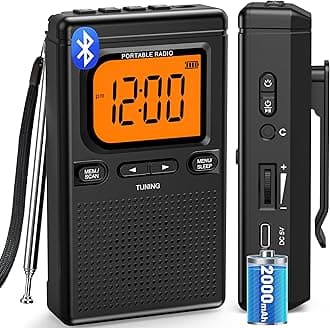 2000mAh Rechargeable AM FM Radio with Bluetooth Portable Transistor Pocket Radio with Digital Tuning, Flashlight,LCD Screen,Earphone Jack, Sleep Timer and Alarm Clock for Jogging