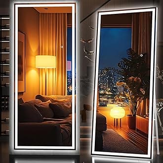 Hasipu Full Length Mirror with Lights, 75" x 28" LED Lighted Floor Standing, Full Body Dressing Hanging Mounted Mirror, Dimmable, Tempered Glass, Safe to Use, Square White