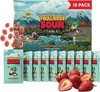 Final Boss Sour Candy, Sour Strawberries, 10 Pack, Level 2, Fruit Chews with Real Dried Fruit, No Artificial Colors or Flavors, Low Calorie Snack for Kids, Teens, Adults, Lunch Boxes