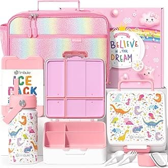 Fimibuke Kids Bento Lunch Box with 4 Compartments, Insulated lunch Bag, Stainless Steel Insulated Water Bottle, Ice Pack & Utensils Set, Birthday Gifts for Ages 3-12 Back to School Toddler Girls Boys