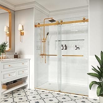 Shower Door, 67-72" W x 76" H, SGCC-Certified 3/8" (10mm) Clear Tempered Glass, Frameless Double Sliding Shower Door, Stainless Steel Brushed Gold Finish