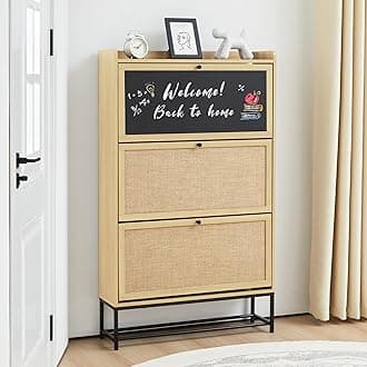 LEVNARY Shoe Storage Cabinet with 3 Flip Drawers and Blackboard, Freestanding Shoe Cabinet Storage Organizer, Narrow Slim Shoe Racks Cabinet for Entryway, Living Room, Hallway (Natural Oak)