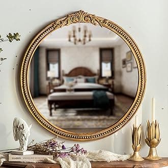 ZIYOO Vintage Ornate Round Wall Mirror, French Baroque Gold Framed Decorative Mirror, Classic Ornate Accent Mirror for Living Room, Bedroom, Entryway, Vanity, 32 Inch