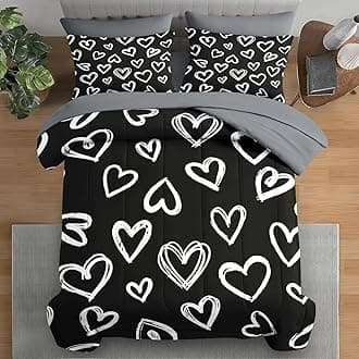 Pamnest Comforter Set Full Size, Love Cute 7 Pcs Bedding for Kids and Adults, Heart White Bed Sheet Sets with Fitted Sheet 2 Pillowcases & 2 Shams for Bedroom Bed Decor