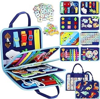 Esjay Toddler Busy Board Montessori Toys for Boys, Sensory Book Educational Activities for Learning Fine Motor Skills, Birthday Gifts for Boys Toddlers, Travel Toys for Airplane Car, Blue Dinosaur