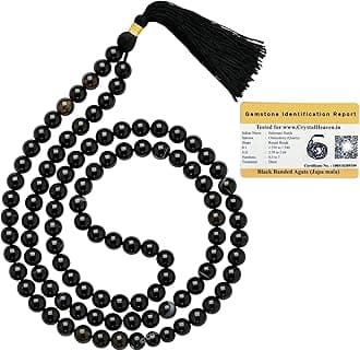 Certified Black Hakik Crystal Japa Mala Saadi - Negative Energy Remover 108 Beads Buddhist Prayer Beads - AAA Grade Original Healing Gemstone Agate Mala for Yoga Meditation Spiritual Reiki Feng Shui