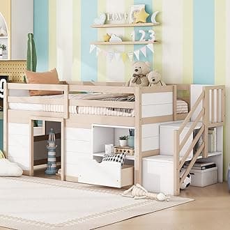 Bellemave Twin Size Low loft Bed for Kids,Wood Loft Beds,Modern Farmhouse Twin loft Bed,Loft Bed with Desk and Storage, No Box Spring Needed,for Kids, Cream White and Natural