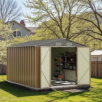 Patiowell 8x10 FT Outdoor Storage Shed with Floor Frame, Large Garden Tool Metal Shed with Sloping Roof and Double Lockable Door, Outdoor Shed for Backyard Garden Patio Lawn,Brown