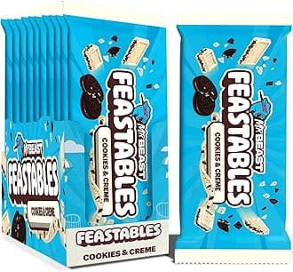 MrBeast FEASTABLES Cookies & Creme, Pack of 10 (60g Each), Smooth White Chocolate Bar with Crunchy Cookie Pieces, Fair Trade & Ethically Sourced, No Artificial Flavors