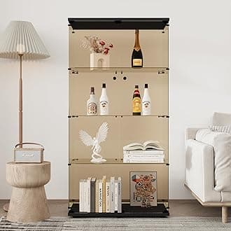 4-Shelf Brown Glass Display Cabinet with Double Doors, Curio Cabinets Tempered Glass Floor Standing Bookshelf for Bedroom, Kitchen, Living Room 64”x 17”x 14.5” Black