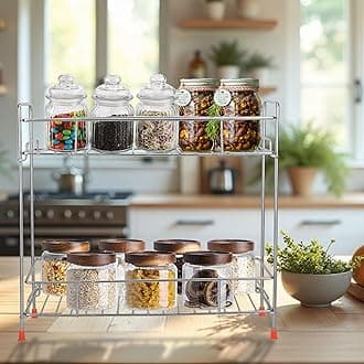 Stainless Steel 2-Tier Kitchen Organizer Spice Rack Kitchen, Trolley Basket for Boxes, Space Saver Storage Racks, Bartan Stand | Organizer Storage Rack for Kitchen (Silver)
