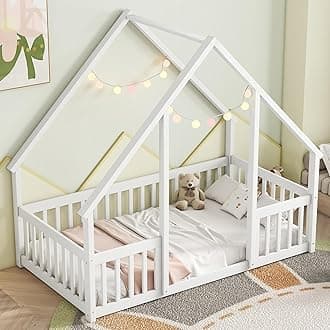 Bellemave Twin Floor Bed for Kids, Girls, Boys, Wood House Bed Frame, House Floor Bed for Kids, Twin Size Montessori Floor Bed with Fence, Playhouse for Kids, White