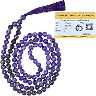 Certified Amethyst Crystal Japa Mala Saadi - 108 Beads Buddhist Prayer Beads - AAA Grade Original Healing Gemstone Agate Mala for Yoga Meditation Spiritual Reiki Feng Shui