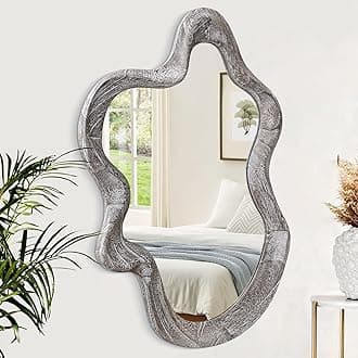 Asymmetrical Mirror Large Irregular Wall Mirror Modern Wood Frame Unique Artistic Mirrors Cute and Stylish Cloud Wavy Mirror Decorative for Cloakroom Bedroom Living Room Bathroom Entryway White