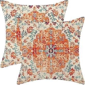 Boho Pillow Covers 18x18 Set of 2, Ethnic Design Decorative Throw Pillows Linen Burnt Orange Blue Carpet Pattern Farmhouse Cushion Pillow Covers for Sofa Couch Outdoor Decor