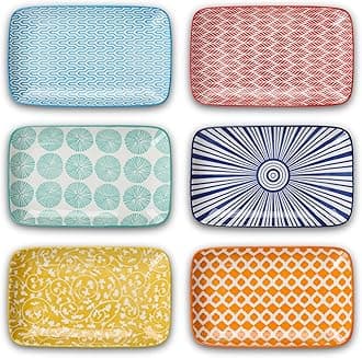 Ceramic 8 inch Rectangular Salad Plates, Dinner Plates, Pasta Dessert Plates Serving Trays for Appetizer, Sushi, Fruit - Microwave/oven/Dishwasher Safe, Set of 6, Assorted Colors