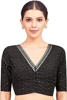 Studio Shringaar Women's Readymade Polyester Elbow Length Sleeves Saree Blouse with Mirror Work