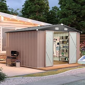 Aoxun 10x8.5 FT Outdoor Storage Shed Garden Metal Shed with Lockable Door Outdoor Large Shed for Tool, Garbage Can, Bike, Mower, BrownRecycled Claim Standard Blended