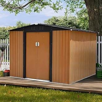 8x6 FT Outdoor Metal Storage Shed for 8x5.9 FT Base, Steel Garden Shed with Lockable Door & Sloping Roof, All-Weather Tool Storage for Backyard Patio, Coffee