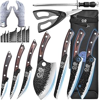 XYJ Professional Kitchen Knife Set with High-Carbon Steel forged Blades, Chef's Knife, Cleaver, Carving Knife, Nakiri, Full Tang Design, Includes Carrying Bag & Poultry Scissors
