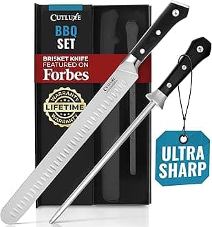 Cutluxe BBQ Knife Carving Set – 12" Brisket Knife & 10" Honing Rod, Butcher Knife Set for Meat Cutting – Ultra Sharp German Steel, Ergonomic Pakkawood Handles – Artisan Series