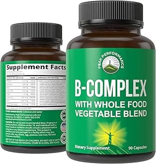 Vitamin B Complex Capsules + Whole Food Blend of 25 Vegetables and Fruits for Max Absorption. Best Vegan B-Complex Supplement with Vitamin B1, B2, B3, B5, B6, B7, B9 and B12. 90 Capsules. Energy Boost