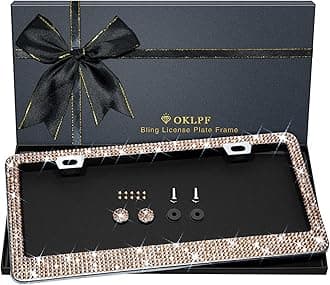 Bling License Plate Frame for Women, 1PCS Sparkly License Plate Frames| Over 1200 pcs 14 Facets Bedazzled Clear Glass Diamond Rhinestone Crystals w/Free Glitter Diamond Box (Champagne)
