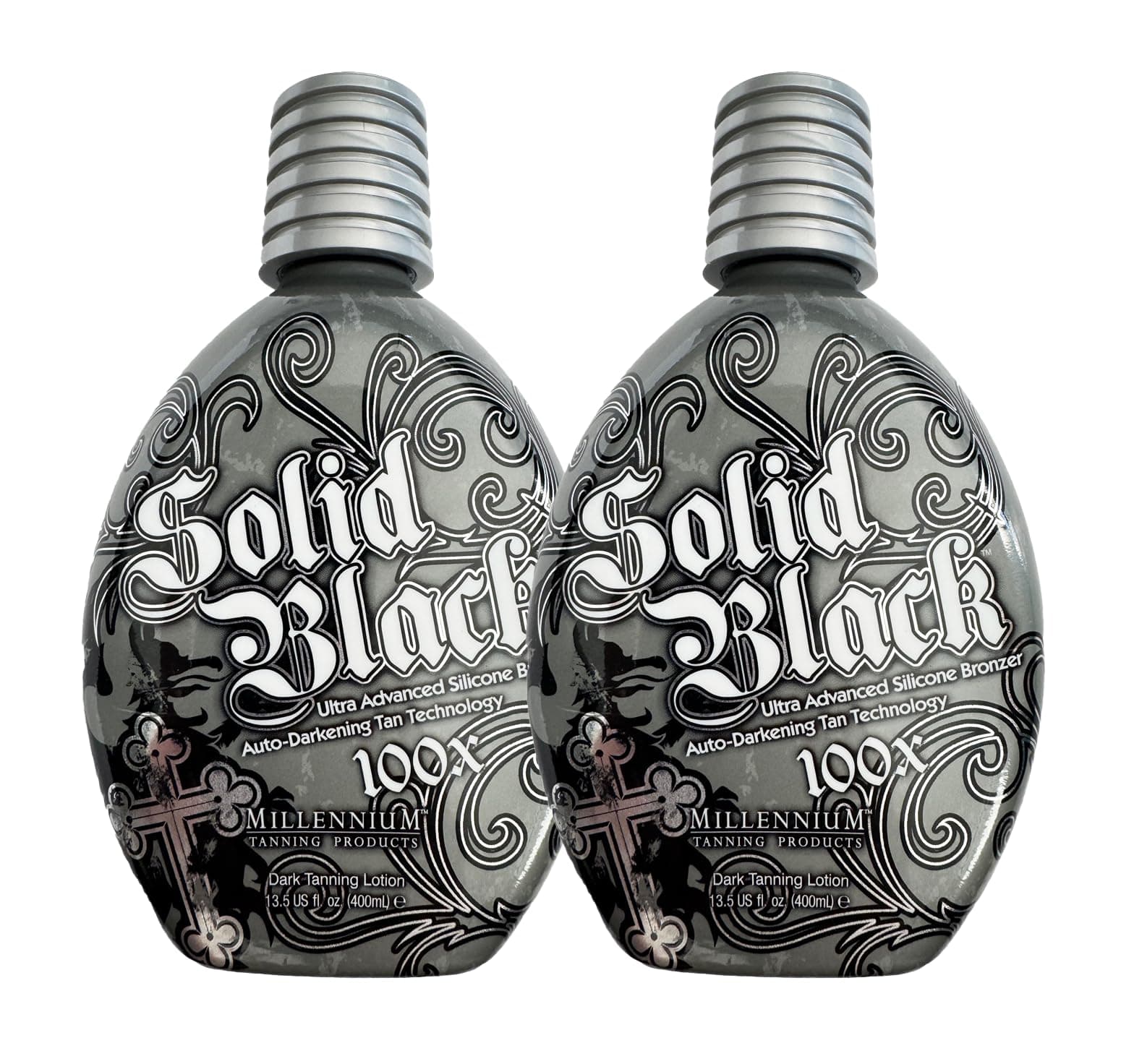 2 PACK Millennium Tanning SOLID BLACK 100X Dark Tanning Lotion Indoor Outdoor Tan Enhancing Silicone Bronzer Tanning Bed Lotion 13.5 Fl oz (400 ml)