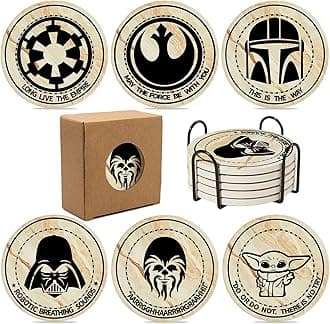 Wars Coasters for Drinks,6 PCS Funny Coasters Set with Coaster Holder,Stone&Cork for Coffee Table,Cute for Home Decor, Merchandise Show Gifts