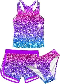 uideazone Girls 3 Piece Bathing Suit Summer UPF 50+ Racerback Swimsuit with Shorts Beach Tankini Sets 8-15 Years