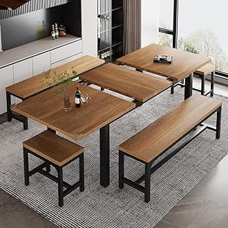 iPormis 5-Piece Dining Table Set for 4-8 People, Extendable Kitchen Table Set with 2 Benches and 2 Square Stools, Modern Dining Room Table with Metal Frame & MDF Board, Saving Space, Walnut