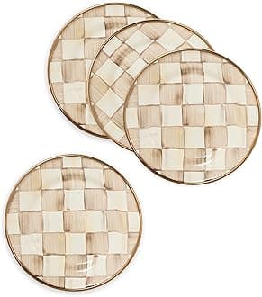 MACKENZIE-CHILDS Set of 4 Enamel Appetizer Plates, Decorative Dinnerware Plate, 5 Inches, Brown-and-White Mocha Check