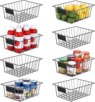 VITEVER 8 Pack Wire Storage Baskets for Organizing with Tags, Pantry Organization Bins for Kitchen Cabinets, Closet - Metal Basket for Laundry, Garage, Refridge, Bathroom Countertop Organizer, Black