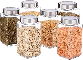 Vency Glass (Set Of 6) (1000ml Steel Cap) Square Shape Transparent Glass Jars & Glass containers for kitchen Pantry, Snacks, Masala, Pickles, Dry Fruits, Coffee Beans Storage Steel See Through Lid