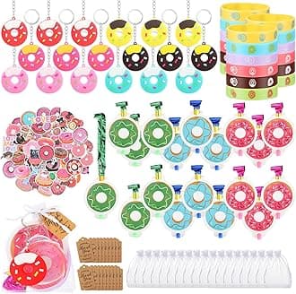 140 Donut Party Favors for 18 Kids, Includes Donut Keychain Dount Party Blowers Donut Stickers Wristband Gift Bags Thank You Tags for Boys Girls Donut Birthday Supply Decoration Goodie Bag Filler
