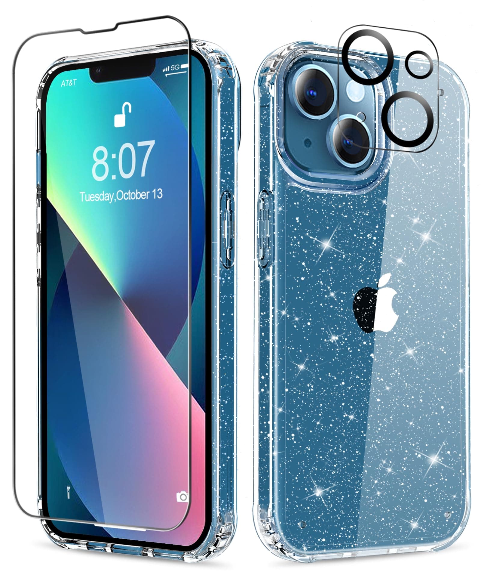 Compatible with iPhone 13 Case with Screen Protector + Camera Lens Protector, Clear Glitter Shockproof Protective Phone Case, Slim Women Girls iPhone 13 Cover 6.1 inch - Sparkle Clear