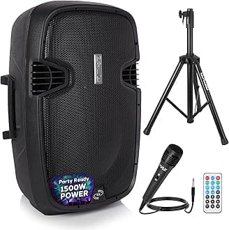 PPHP155ST Wireless Portable PA Speaker System - 1500W High Powered Bluetooth Compatible Active Outdoor Sound Speakers w/USB SD MP3 RCA - 35mm Mount, Stand, Microphone, Power Cable, Black, 15"