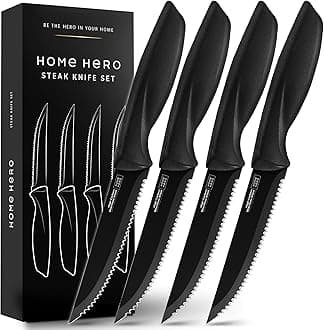 Steak Knife Set - Effortless Cutting & Serrated Steak Knives - Rust-Resistant Stainless Steel Blades & Cutlery Set - Comfort-Grip Handles & Kitchen Knife Set - Pack of 4, Black
